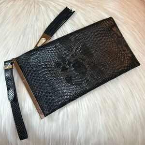 Black Snakeskin-Embossed Clutch w/ Tassel & Golf Accents, Elegant Accessory, EUC